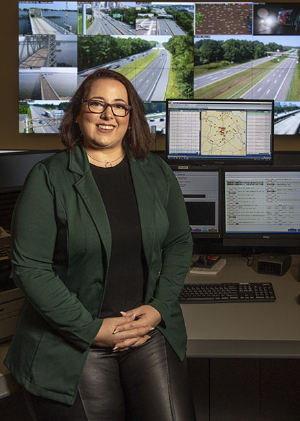 Brittany “Brie” Haupt, Ph.D.,  is pictured at the Virginia Department of Transportation/Virginia State Police Joint Safety Operations Center in Richmond.